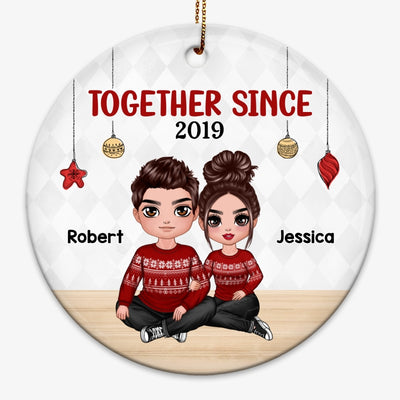 Doll Couple Sitting Embracing Personalized Circle Ornament
