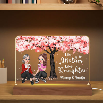 Pretty Cartoon Mother Daughter Sitting Under Blossom Tree Like Mother Like Daughter Personalized Horizontal Rectangle Acrylic Plaque With LED Night Light