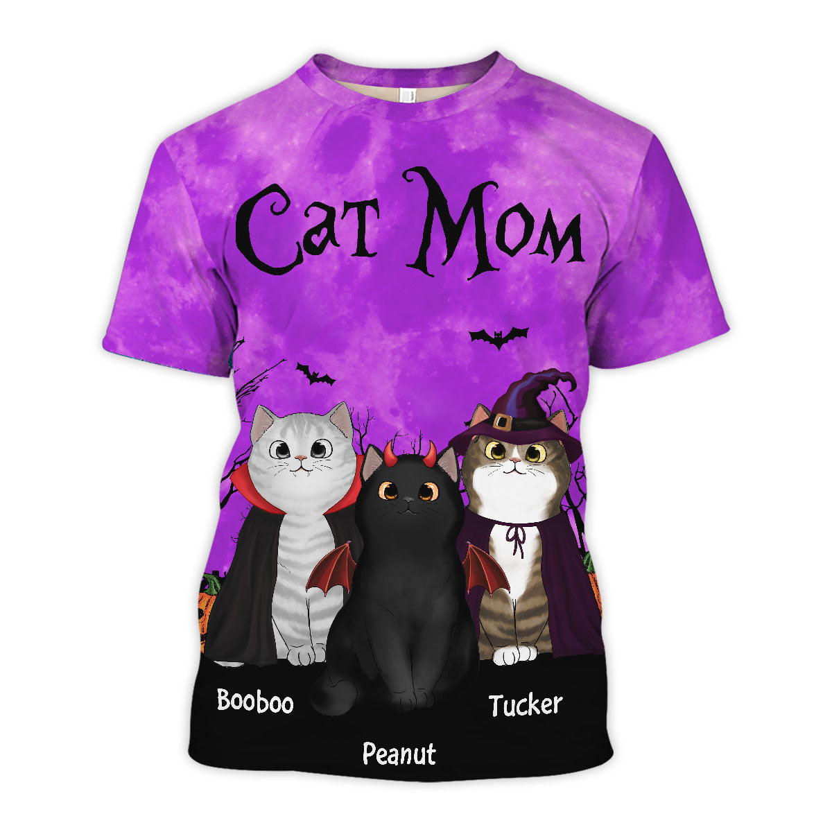 Cat Mom Halloween Moon Light Bat Tree Witchy Theme Personalized Shirt, Purrfect Costume for Cat Lover