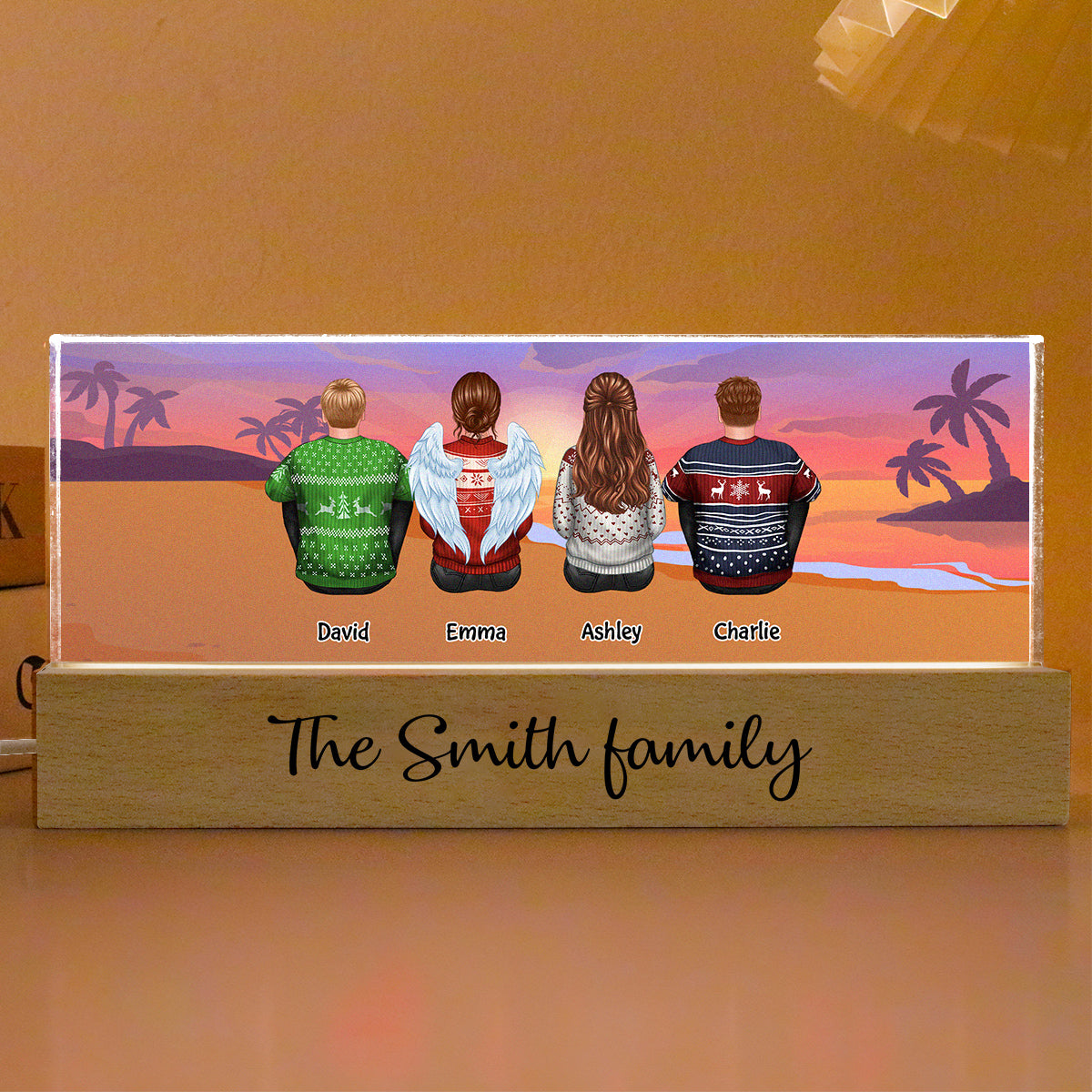 Family Sitting Back View Beach Retro Vintage Background Personaized Acrylic LED Night Light