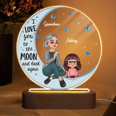 Pretty Cartoon Grandma & Grandkid On Blue Moon Gift For Grandson Granddaughter Personalized Circle Plaque With LED Night Light