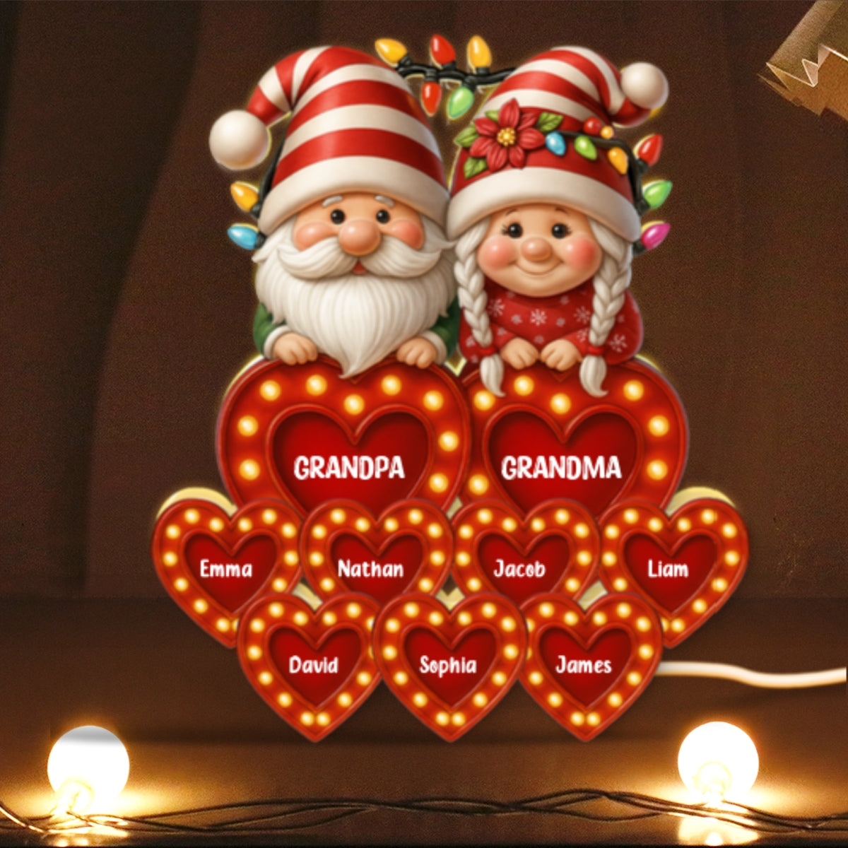 Holiday Gnomes Grandparents Grandkids Names Personalized Light Box, Christmas Decor for Grandma, Grandpa