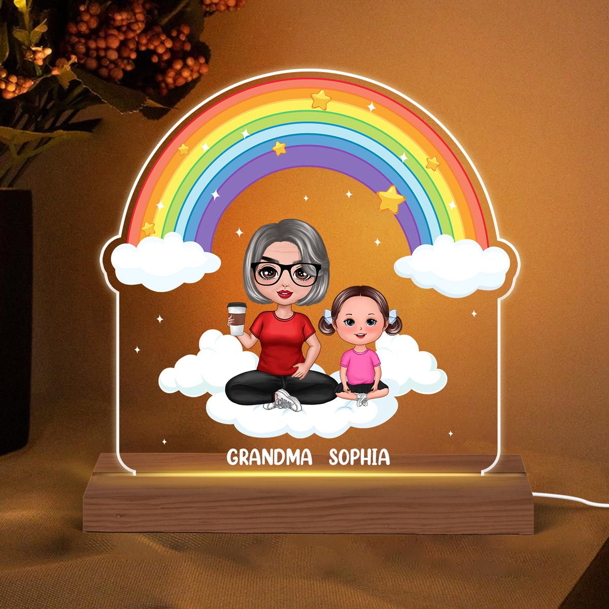 Grandma Grandkid Under The Rainbow Personalized Custom Shape Acrylic Plaque LED Night Light