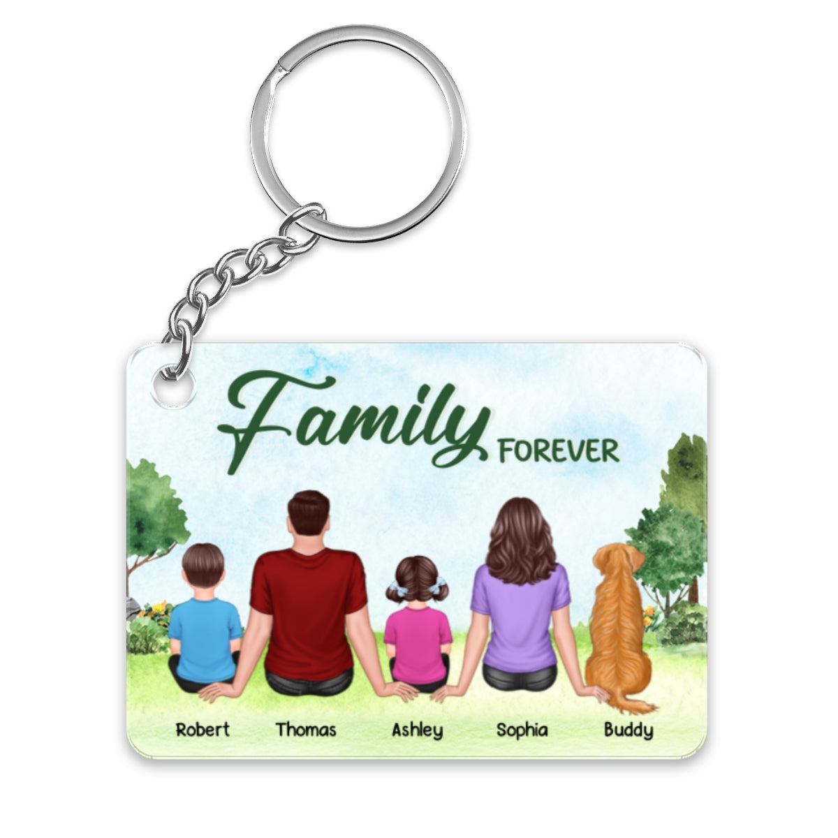 Whole Family Sitting Back View Couple Kid Dog Cat Personalized Acrylic Keychain