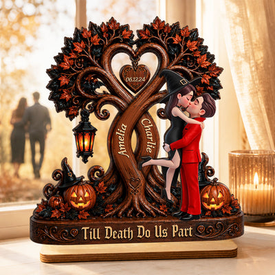 Couple Kissing Under Halloween Tree - Personalized 2-Layered Wooden Plaque - Halloween Decor for Her, for Him