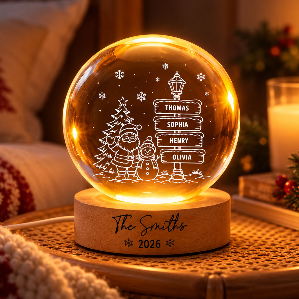 Joyful Christmas Custom Family Names - Personalized Crystal Ball LED Night Light - Gift For Family, Boy Girl