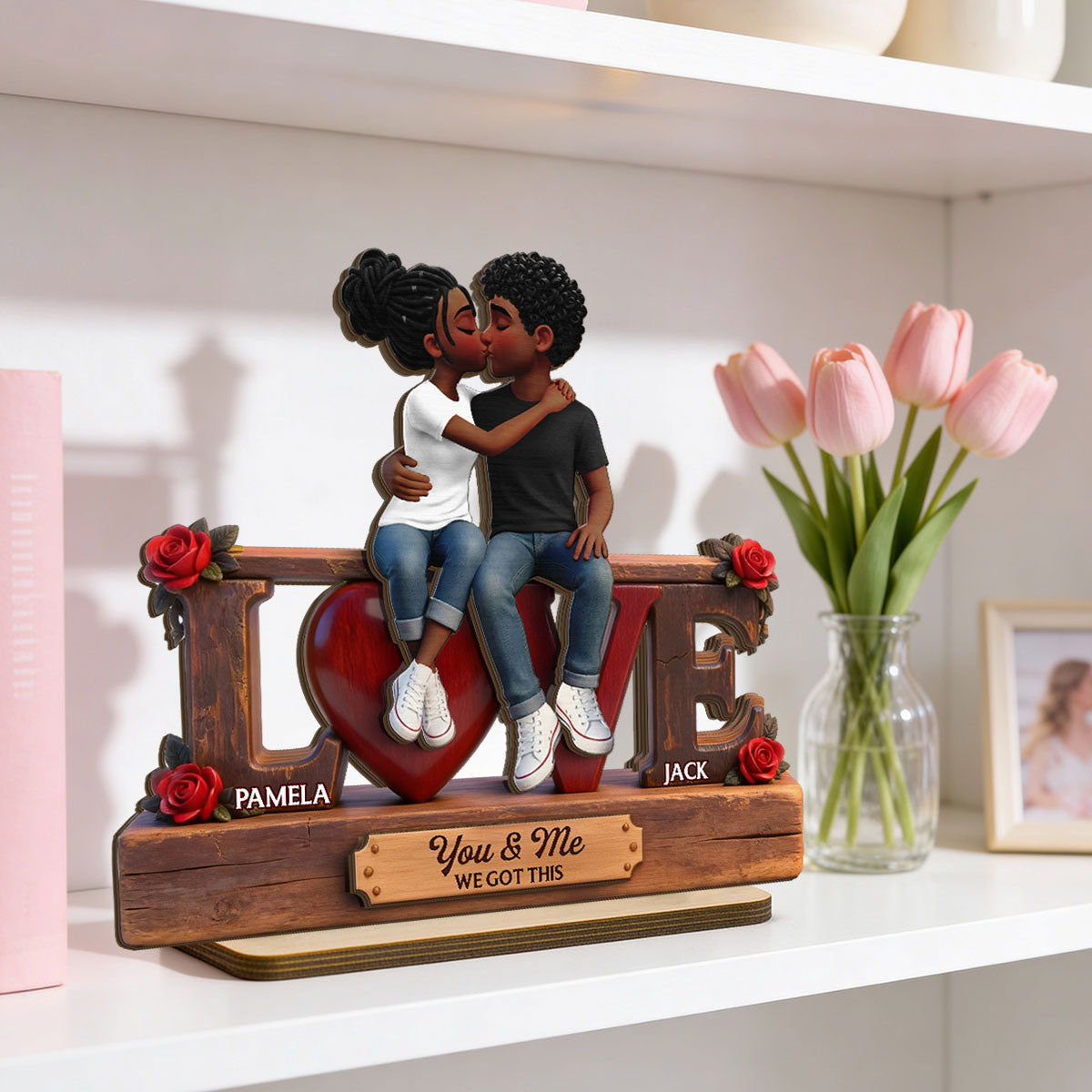 Roses LOVE Couple Sitting Kissing - Personalized 2-Layered Wooden Plaque - Heartfelt Gift For Couple, For Him, For Her