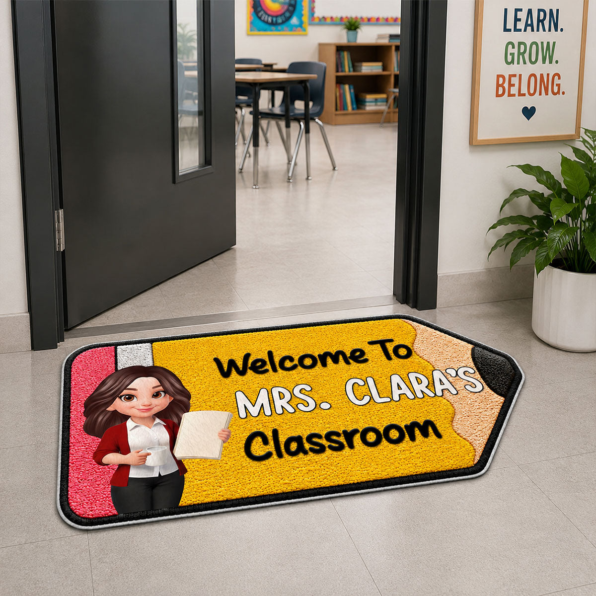 Happy Pencil Teacher Welcome To Classroom - Personalized Doormat - Back To School Gift For Teacher, Classroom Decor