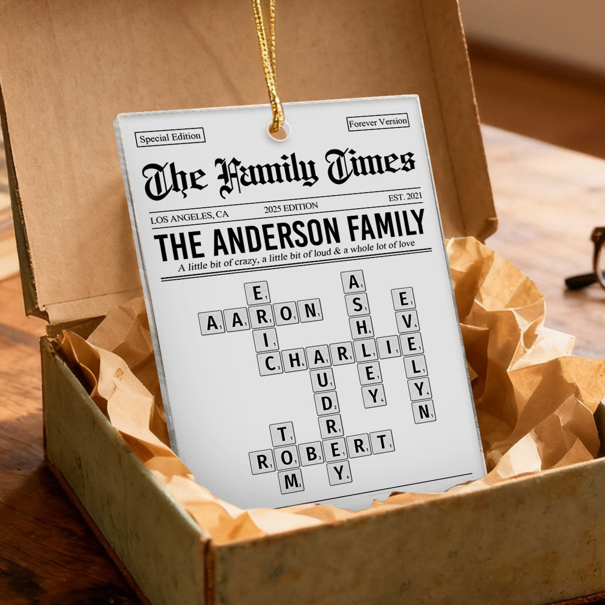 The Family Times Crossword Puzzle Newspaper Style - Personalized Acrylic Ornament - Christmas Keepsake Gift For Family