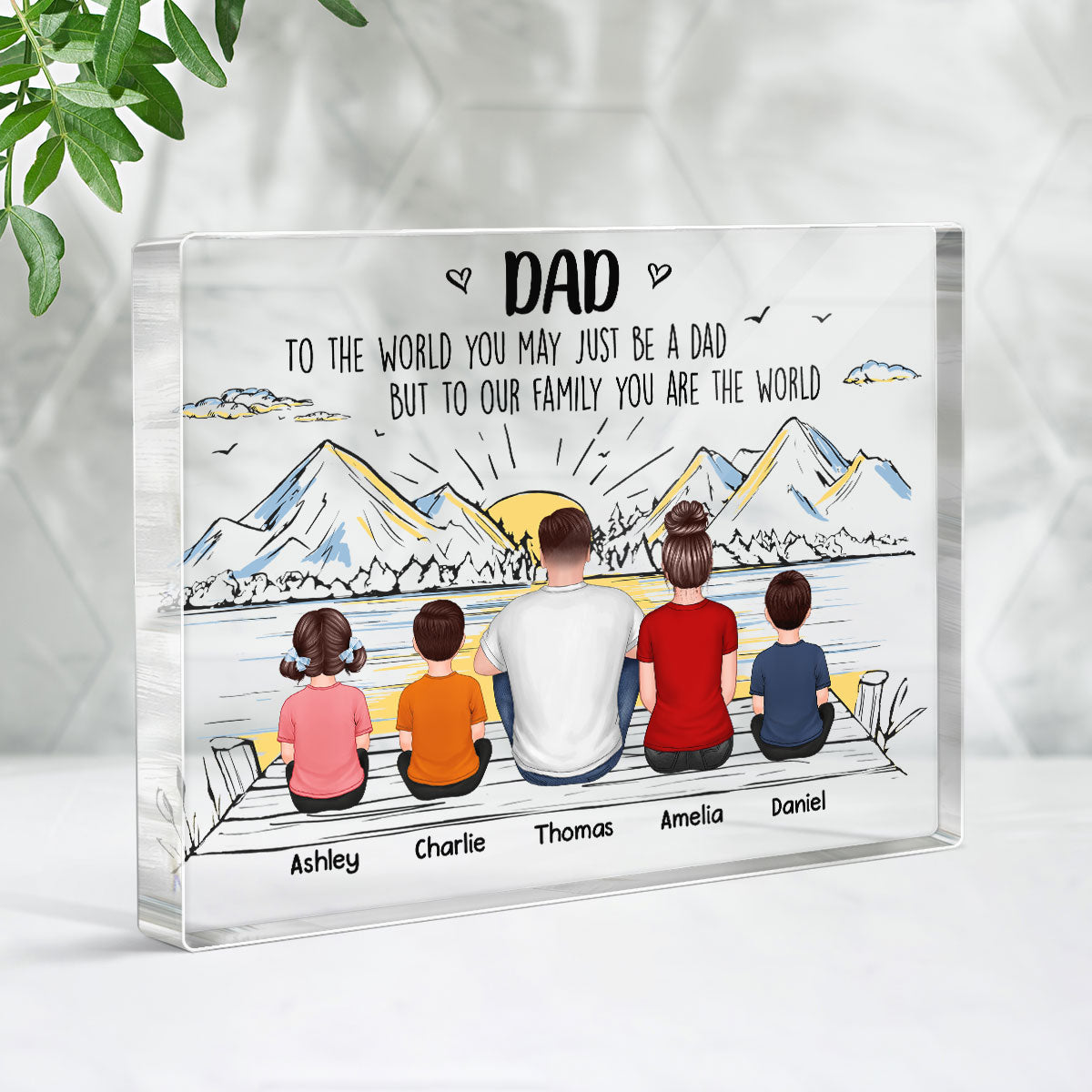 Dad You Are The World Man Kids Dogs Cats Back View Personalized Horizontal Rectangle Acrylic Block Plaque
