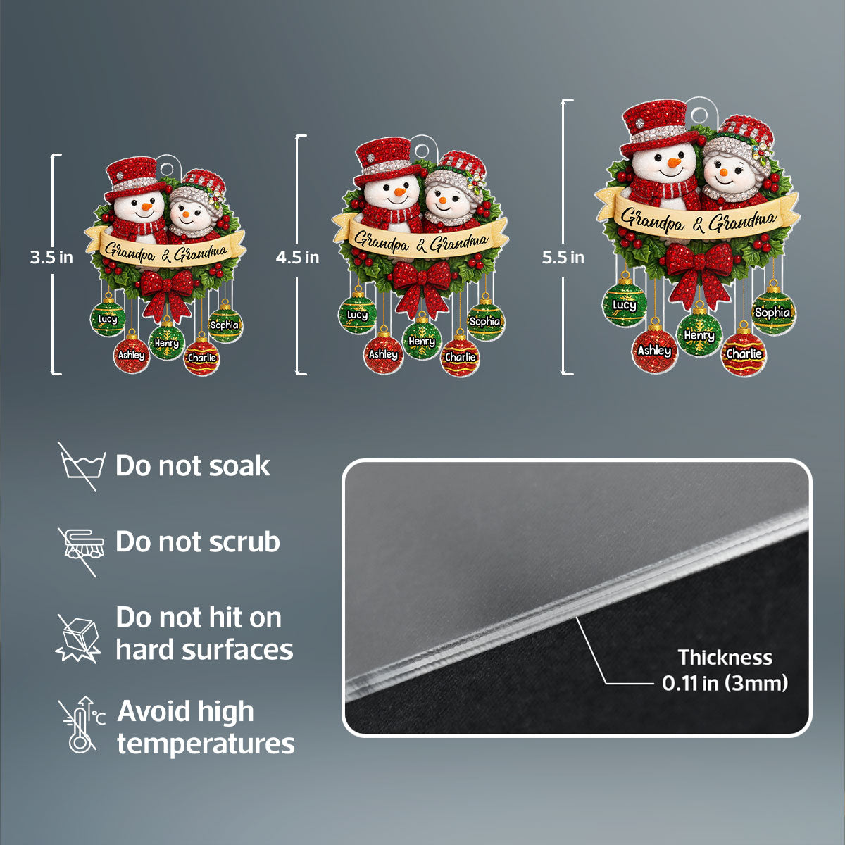 Snowman Grandparents on Christmas Wreath 3D Crystal Effect - Personalized Acrylic Ornament - Christmas Gift for Grandma, Grandpa