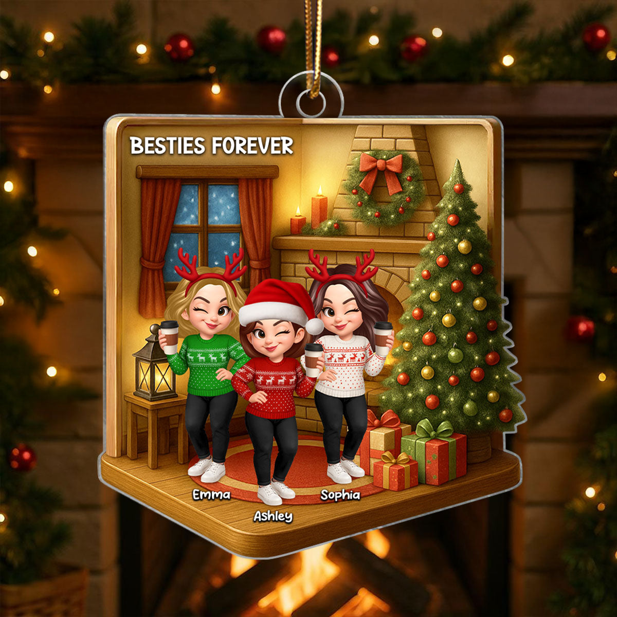 Christmas Besties Sisters In House 3D Effect Personalized Acrylic Ornament