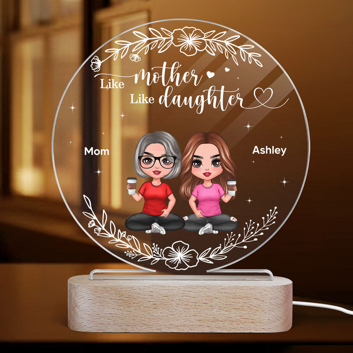 Floral Frame Doll Women Sitting Like Mother And Daughters Personalized Circle Plaque LED Night Light