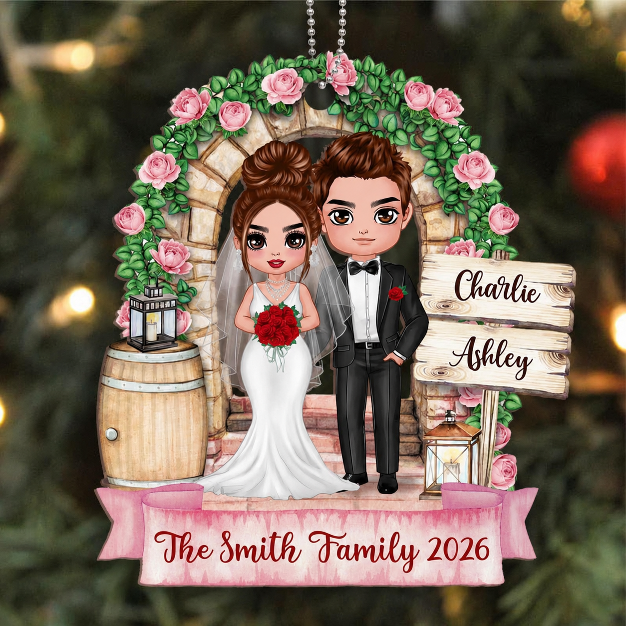 Flower Gate Doll Groom And Bride Personalized Wooden Ornament