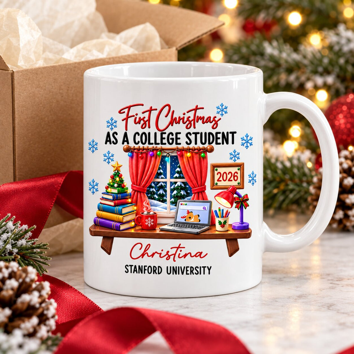 College Student With Desk Design - Personalized Mug - Christmas Gift For New Student, Boy, Girl