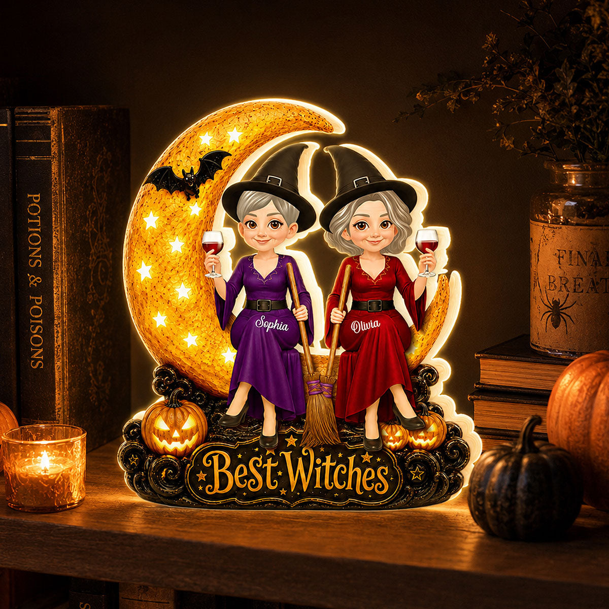 Witch Besties Sitting On Moon 2D Flat - Personalized Light Box - Halloween Gift Decoration