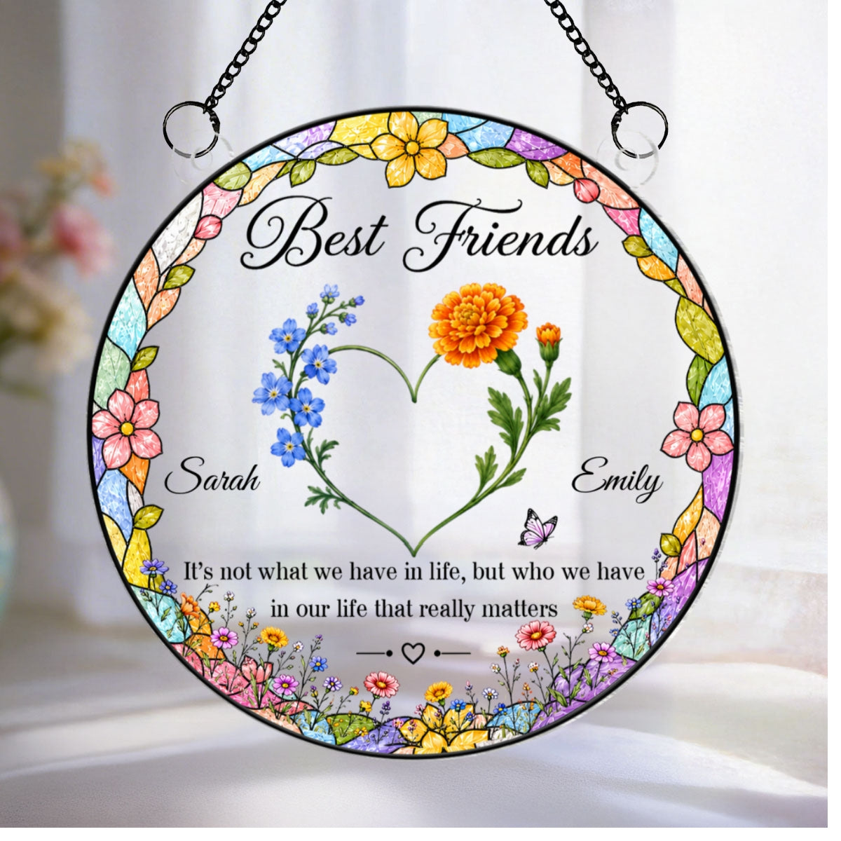 Best Friends Birth Month Flowers Heart Shaped - Personalized Acrylic Window Hanging - Friendship Gift for Besties