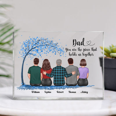Blue Tree Back View Dad And Daughters Sons Sitting Personalized Horizontal Rectangle Acrylic Block
