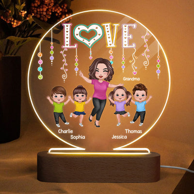 LOVE Happy Doll Grandma Mom With Kids Personalized Circle Acrylic Plaque LED Night Light