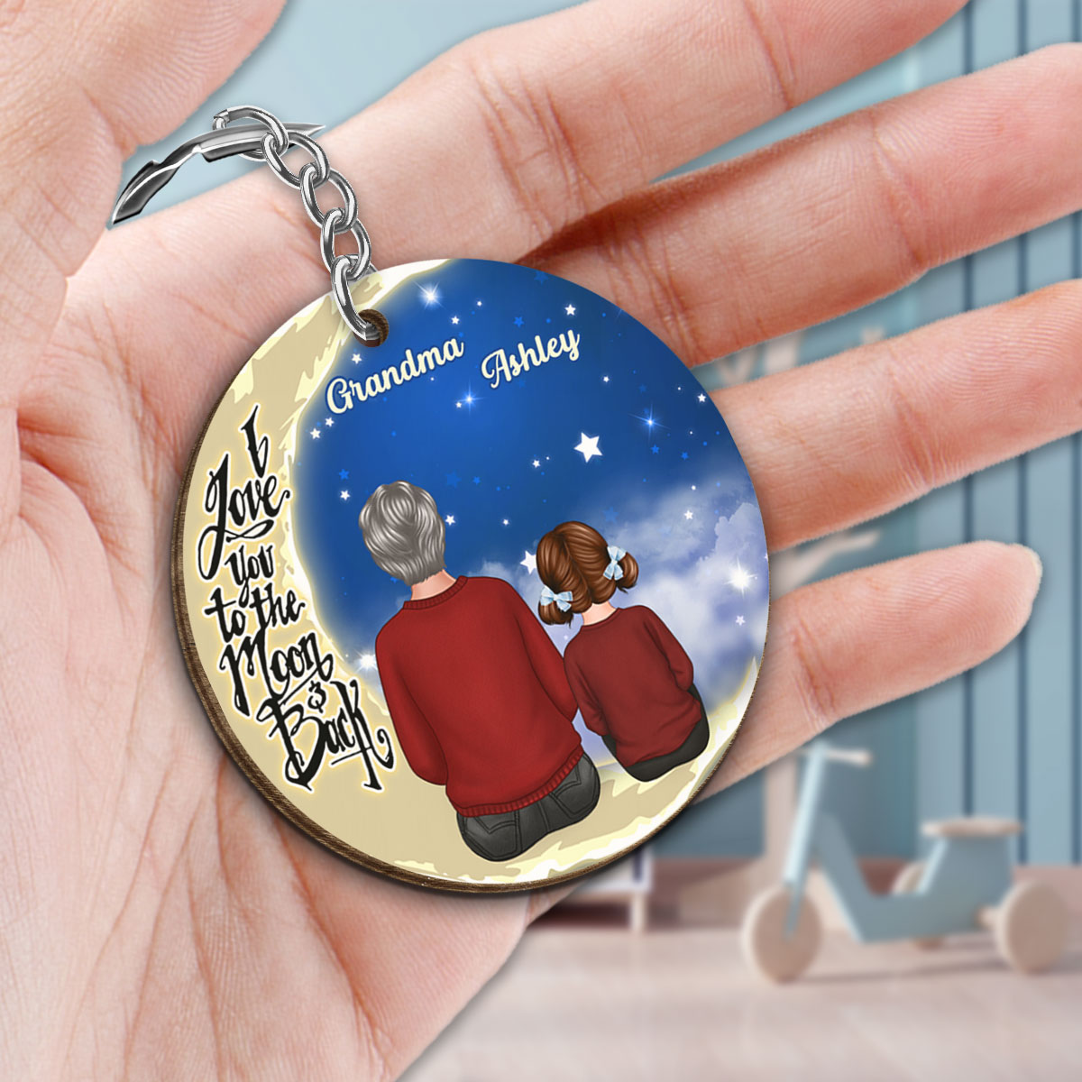 Grandma Grandkids Sitting On Moon Personalized Wooden Keychain