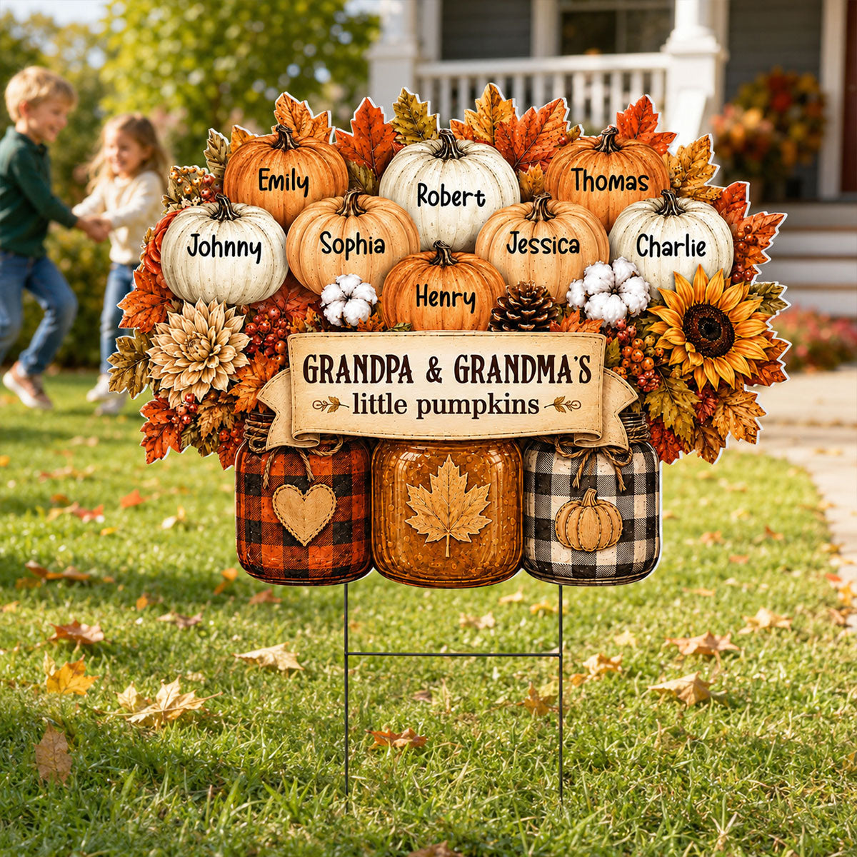 Cozy Warm Fall Season Mason Jars Pumpkins - Personalized Yard Sign - Fall Decor For Grandparents