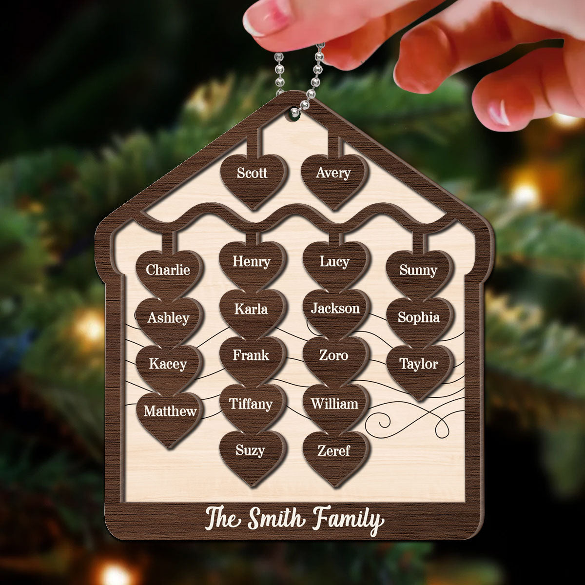 Hearts Hanging Family Christmas Personalized 2-Layer Wooden Ornament