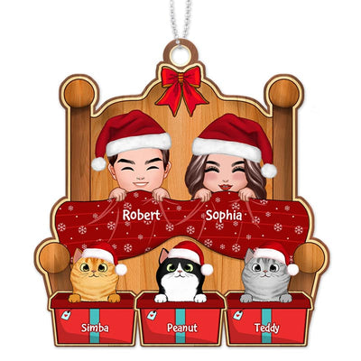 Christmas Doll Couple On Bed With Cats Personalized Wooden Ornament