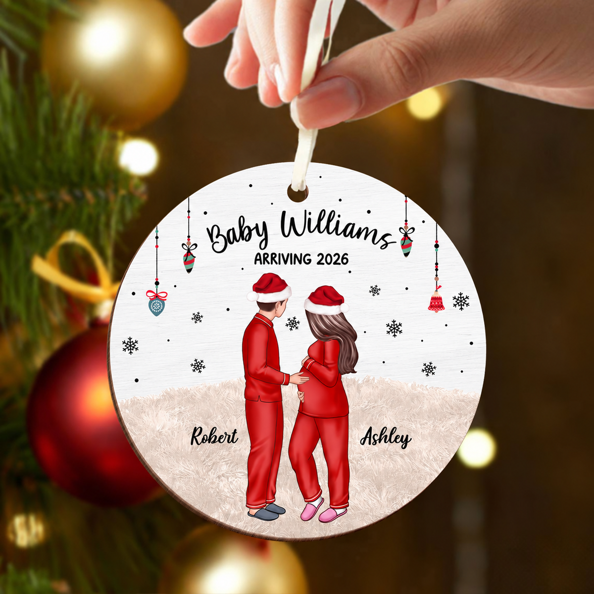 Pregnant Couple and Pet Keepsakes - Personalized Wooden Ornament - Christmas Gift