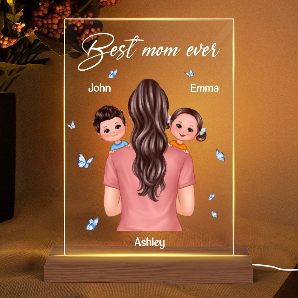 Mom Carrying Kids On Shoulder Best Mom Grandma Ever Personalized Acrylic LED Night Light