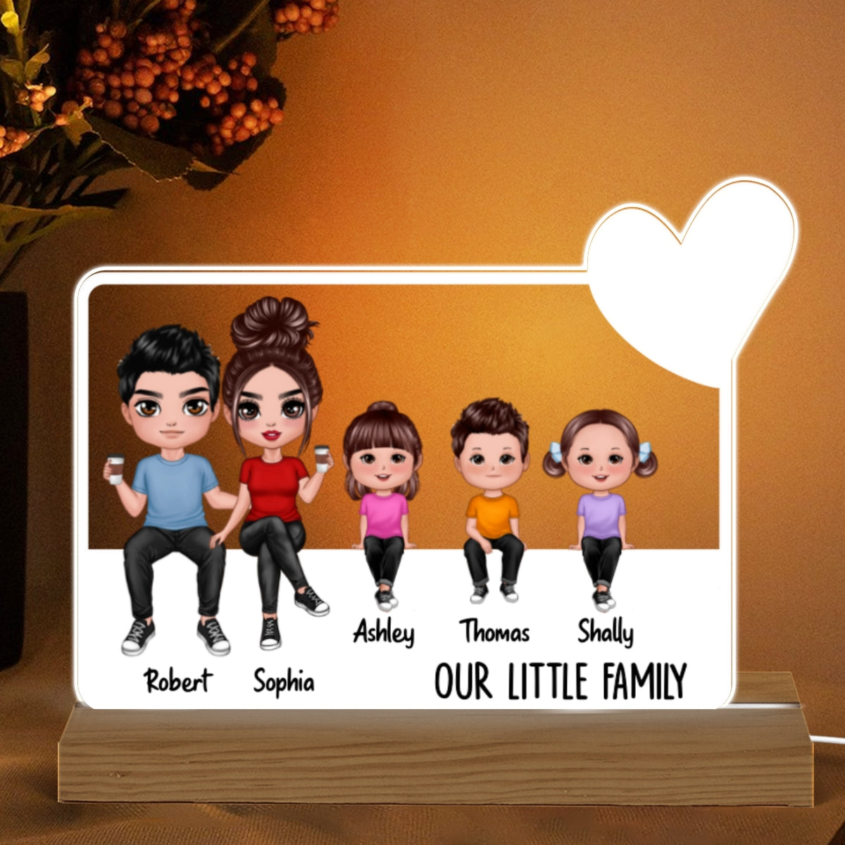 Our Family Doll Sitting Heart Personalized Acrylic Custom Shape LED Night Light