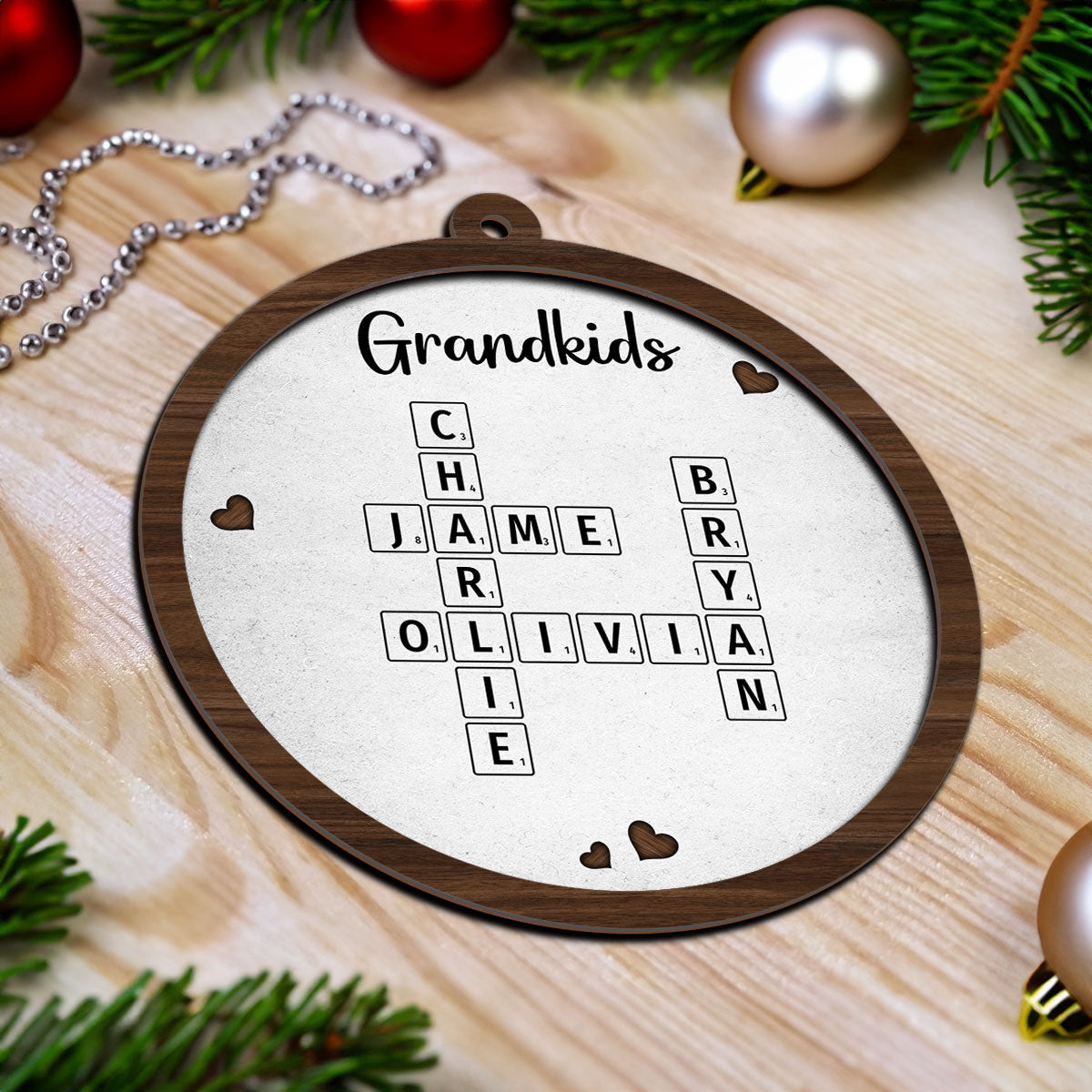Grandkids Crossword Puzzle Art Newspaper Personalized 2-Layer Wooden Ornament, Christmas Gift For Grandma, Gift For Mom