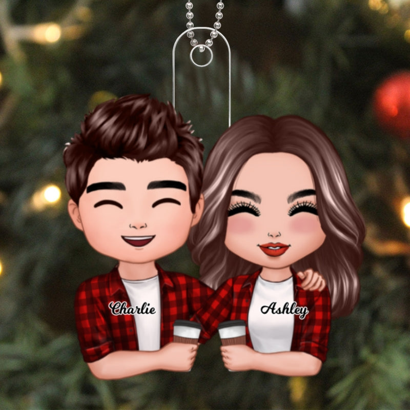 Doll Couple Hugging Holding Drinks Christmas Gift For Him For Her Personalized Acrylic Ornament