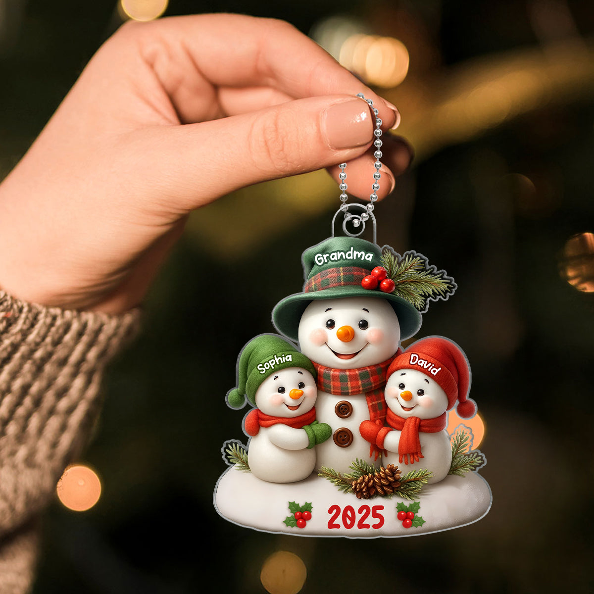 Snowman Grandma Hugging Grandkids Personalized Acrylic Ornament, Christmas Gift for Grandma, Grandkids