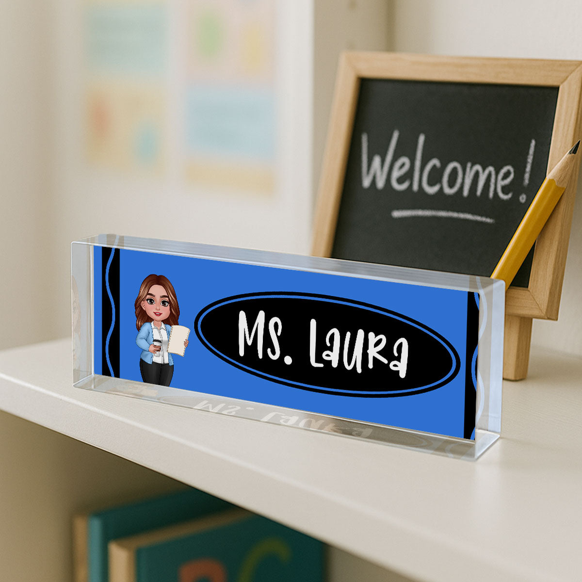 Teacher Crayon Pattern Personalized Acrylic Desk Name Plate, Back To School Gift For Teacher