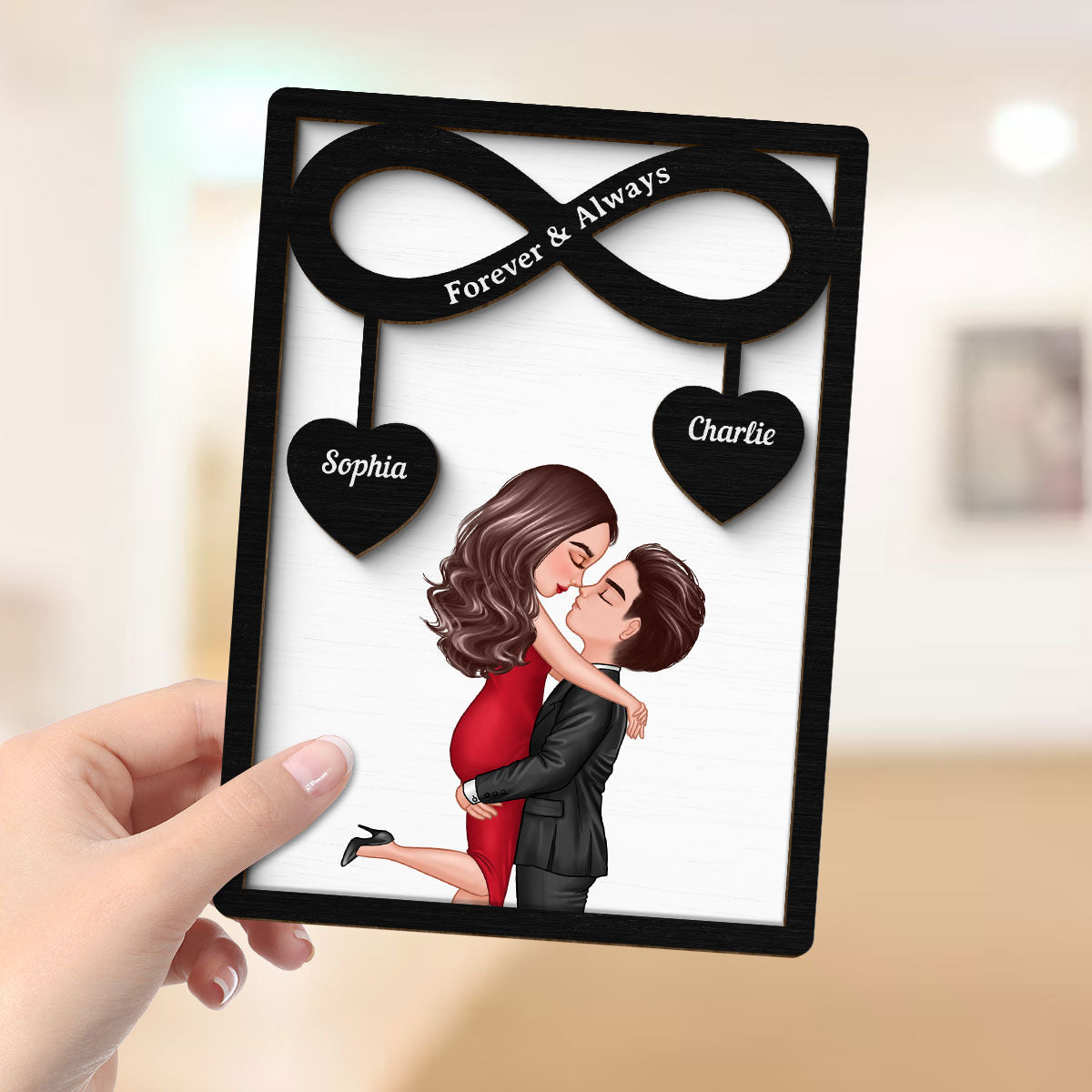 Couple Hugging Kissing Infinity Hearts Hanging Personalized 2-layer Wooden Plaque,  Gift For Him, For Her