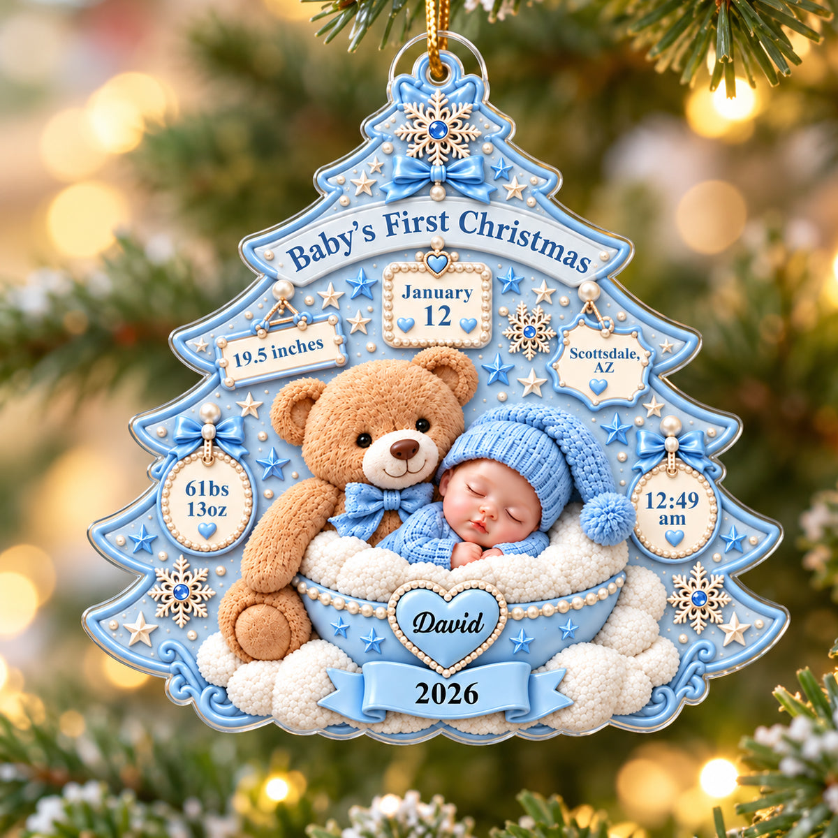 Baby's First Christmas Teddy Bear Tree - Personalized Acrylic Ornament – Custom Newborn Birth Stats Keepsake, First Christmas Gift for Baby Boy & Girl