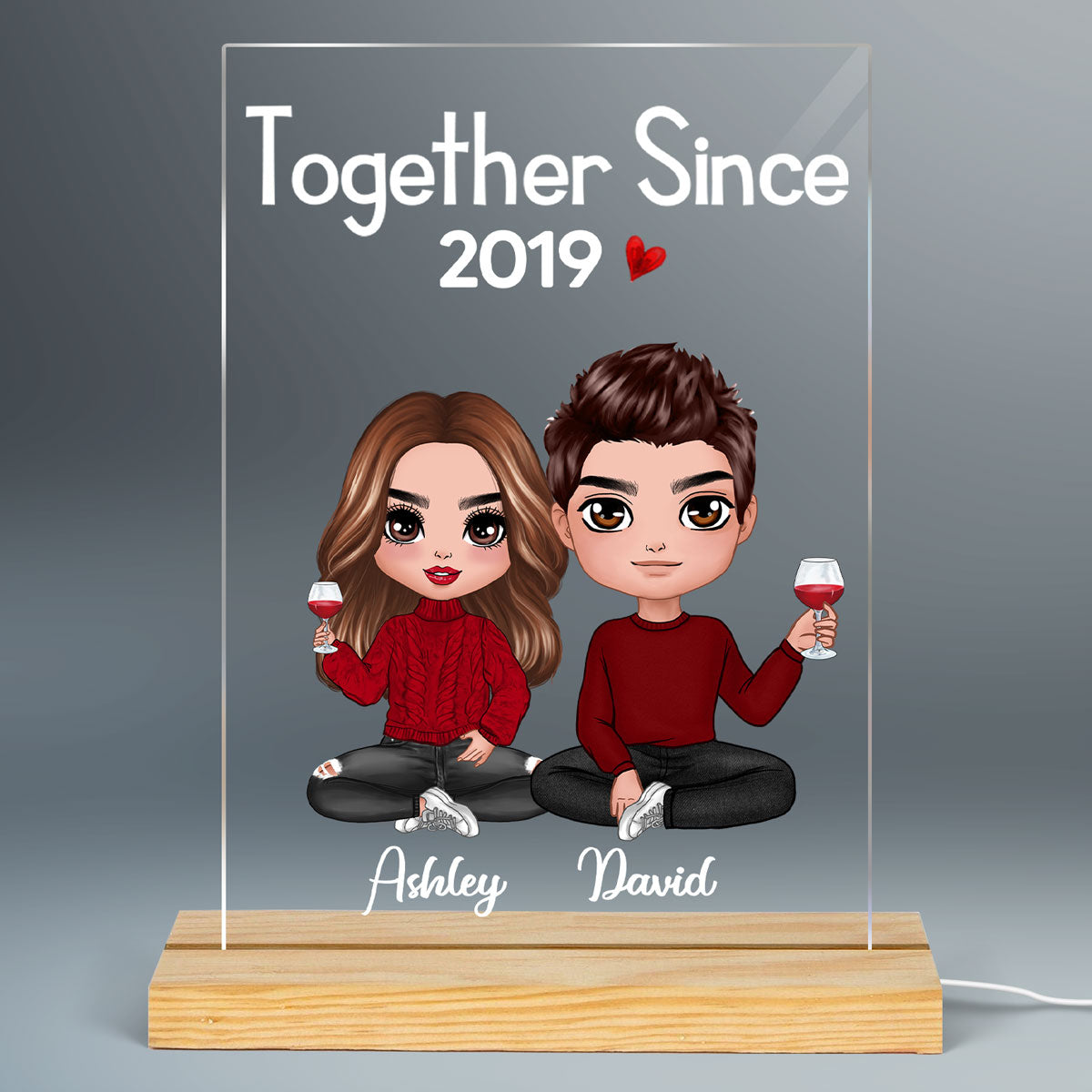 Doll Couple Sitting Valentine‘s Anniversary Gift For Him Gift For Her Acrylic Plaque LED Night Light