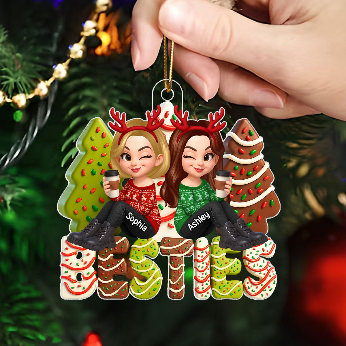 3D Effect Christmas Tree Cake Besties Sisters Personalized Acrylic Ornament, Christmas gift for Besties Sisters