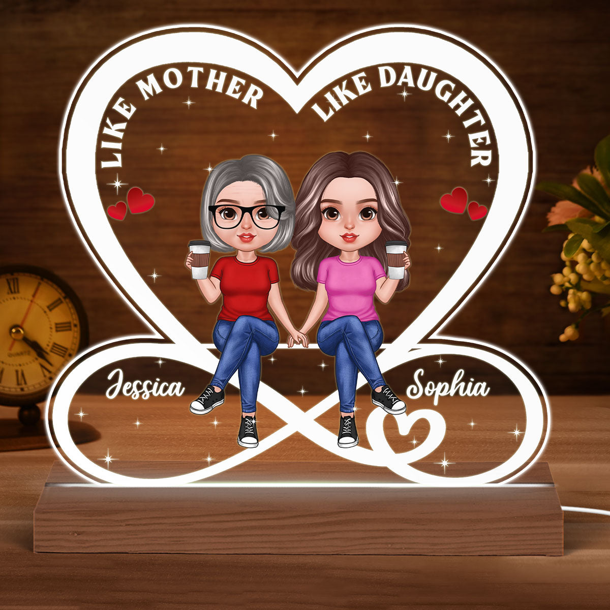 Realistic Doll Mother Daughter Infinity Heart Personalized Acrylic Custom Shape LED Night Light