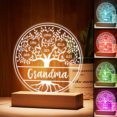 Grandma Family Tree Name Personalized 7 Colors Plaque LED Night Light - Gift for Grandma, Nana, Mom