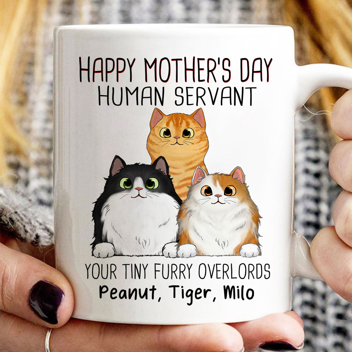 Happy Mother‘s Day Cat Human Servant Peeking Fluffy Cats Personalized Mug