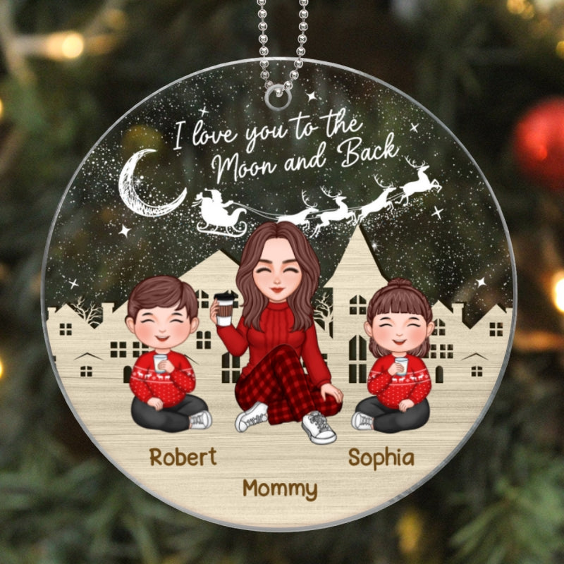 Love To The Moon Grandma Grandkids Sitting In The Snow Night Personalized Acrylic Keychain