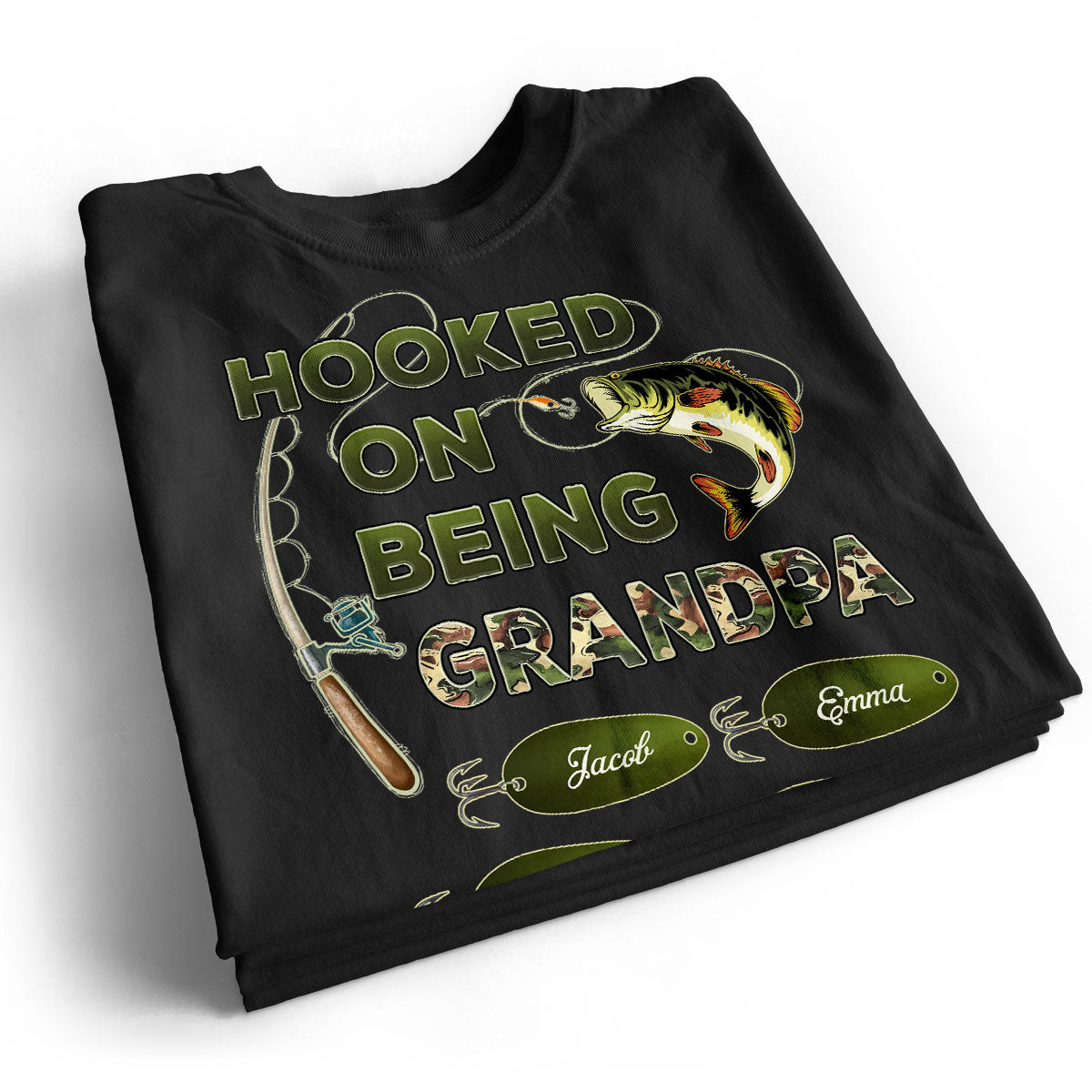 Hooked On Being Grandpa Papa Fishing Camouflage Personalized Dark Color Shirt, Father's Day Gift For Grandpa, Dad, Husband