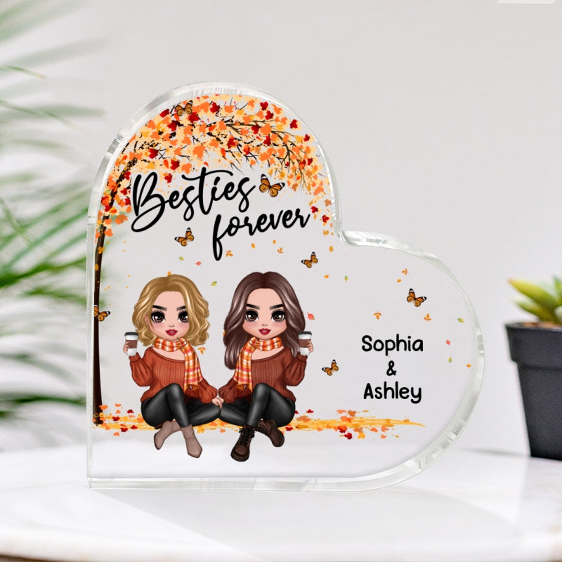 Besties Forever Doll Besties Sisters Sitting Under Tree Fall Season Personalized Heart Acrylic Plaque