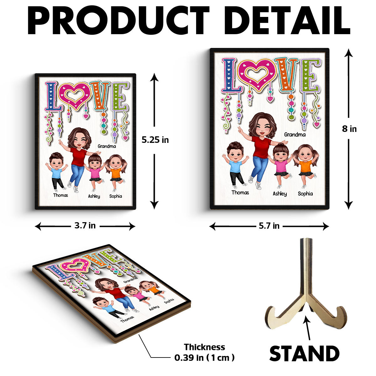 LOVE Happy Doll Grandma Mom With Kids Personalized 2-Layer Wooden Plaque