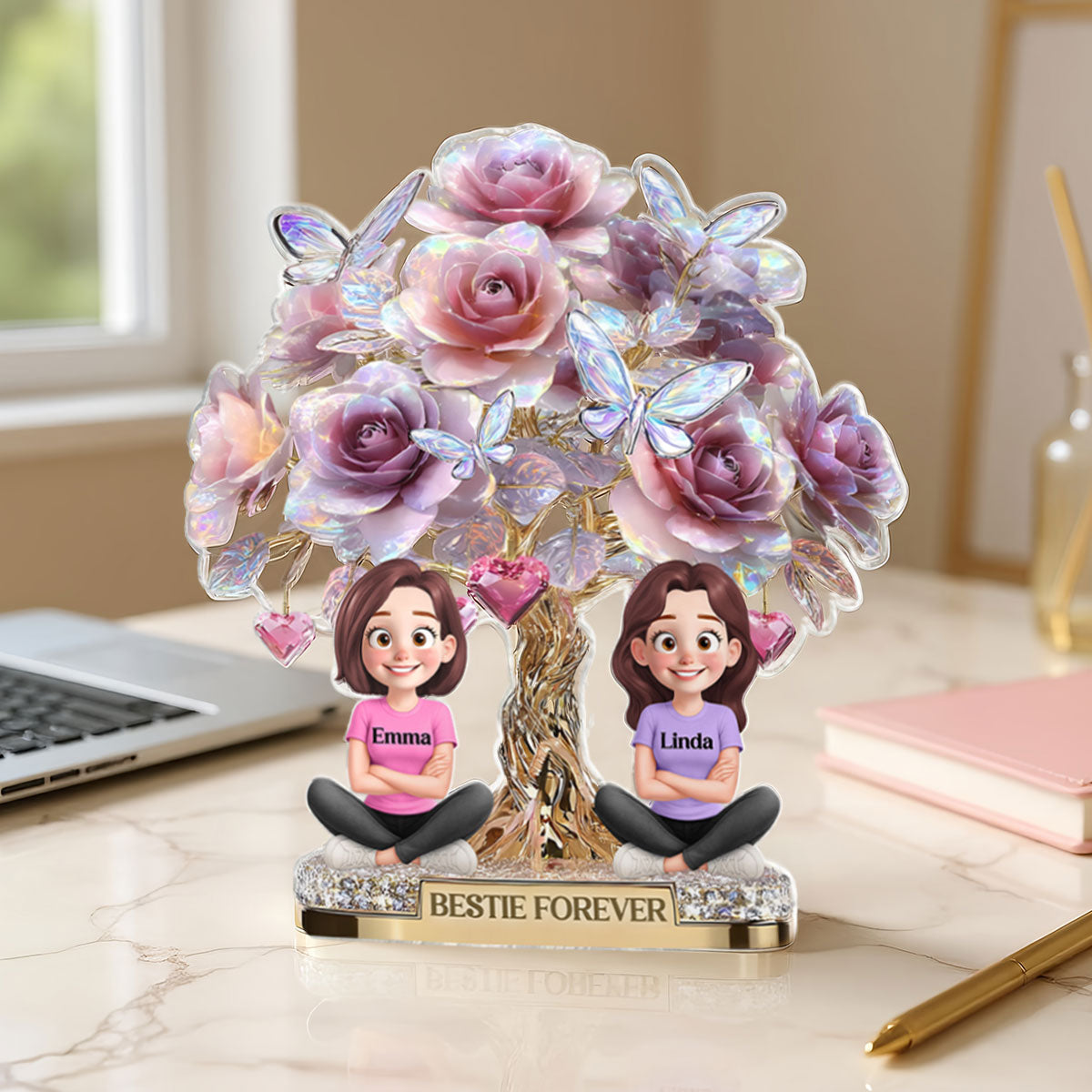3D Effect Rose Tree Besties Sisters Personalized Acrylic Block Plaque