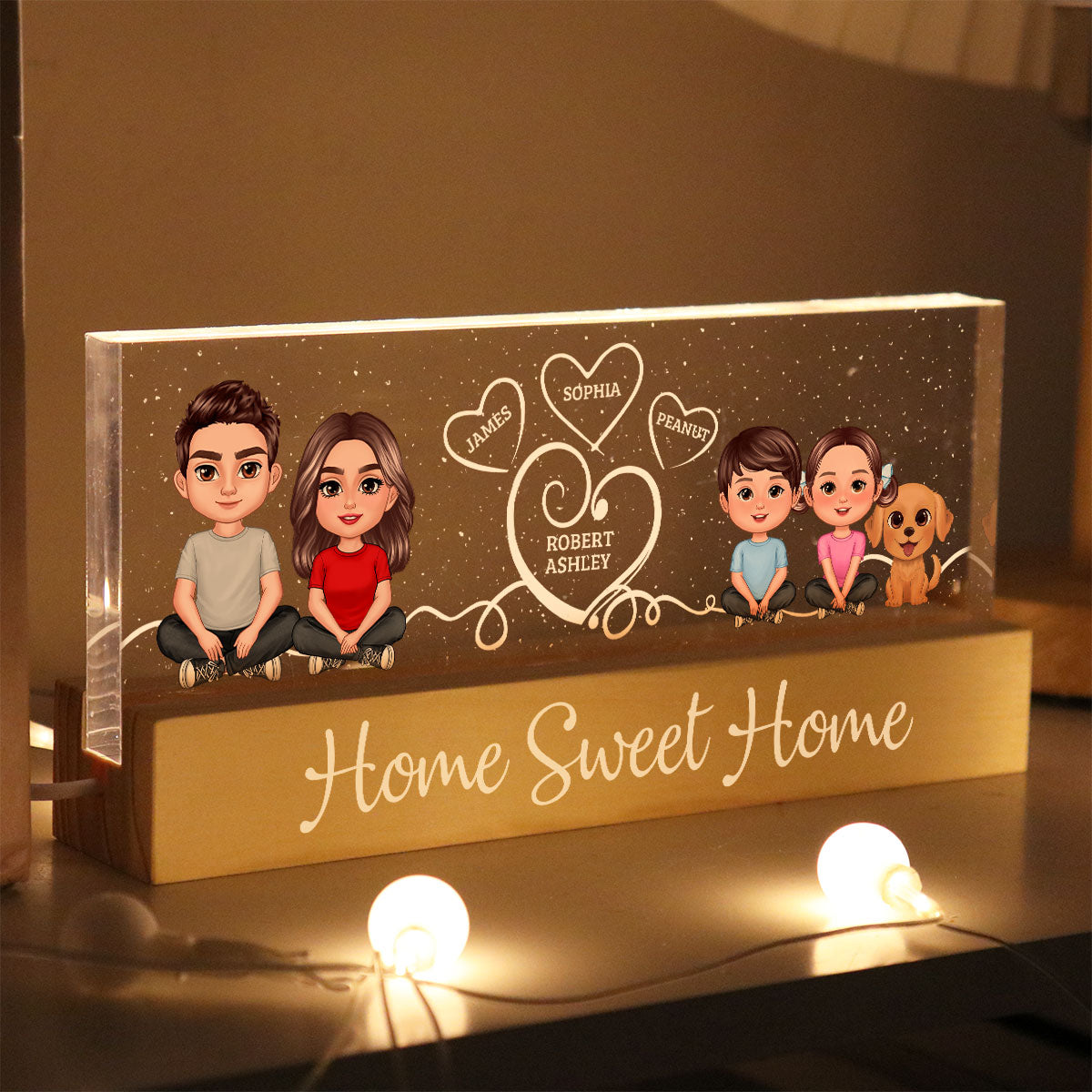 Home Sweet Home Cute Family Sitting Crossed Legs Personalized Acrylic Block LED Night Light,  Gift For Her, Gift For Him