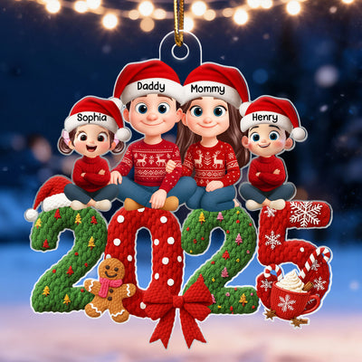 Family Sitting 2025 Latch Hook Yarn Faux - Personalized Acrylic Ornament - Christmas Gift for Family
