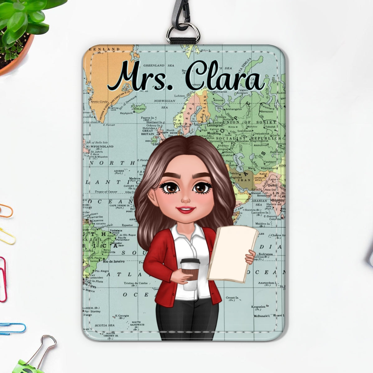 World Map Adventure Themed Teacher Personalized ID Badge Holder, Back To School Gift