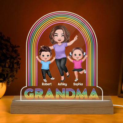 Happy Doll Grandma Grandkids Under Rainbow Personalized Custom Shaped Acrylic Plaque With Warm LED Night Light